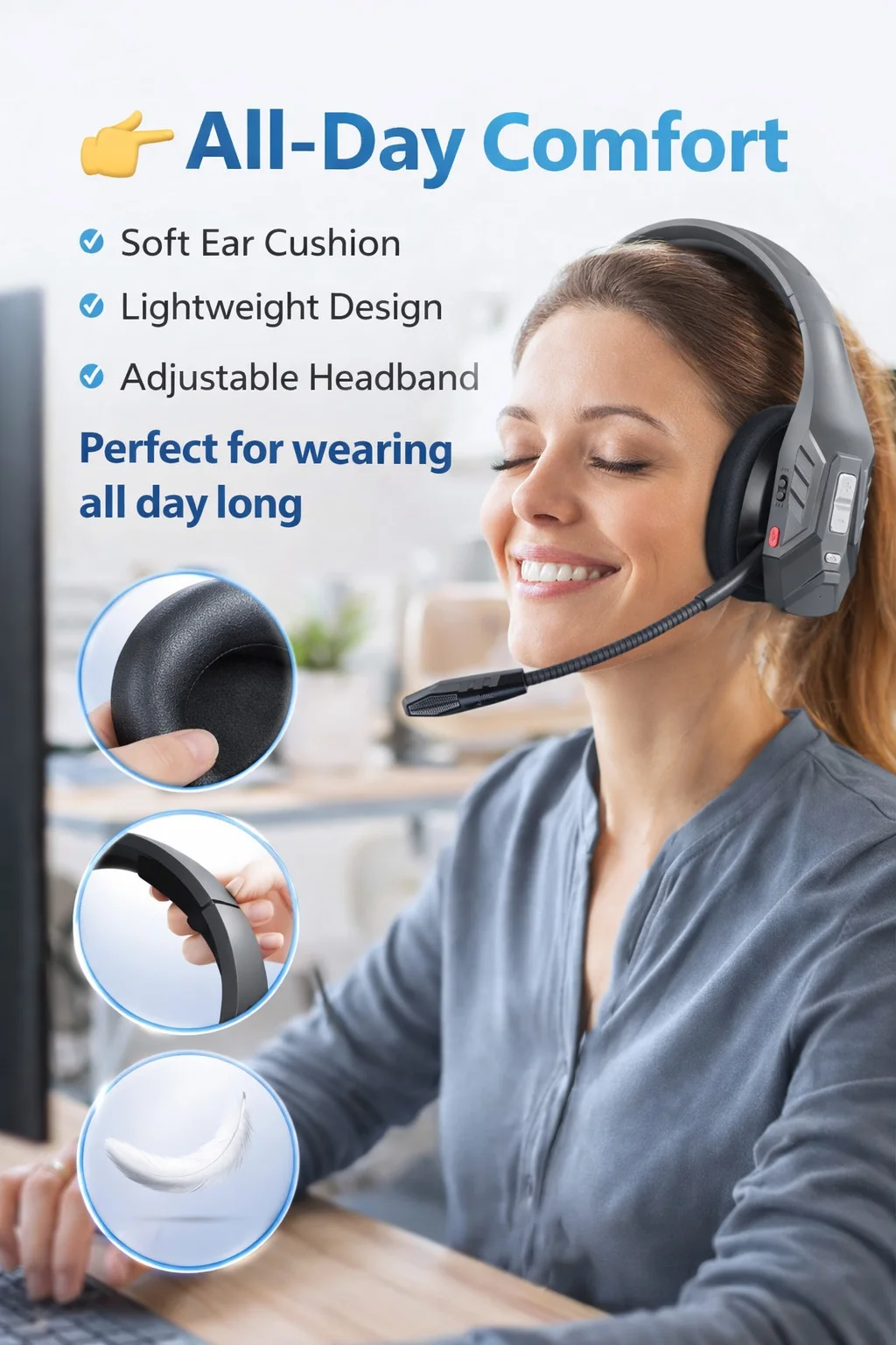 Trucker Bluetooth Headset,Wireless Headset with Mic, Call Center Headset,Bluetooth Headsets with Dual Noise Cancelling - Image 3