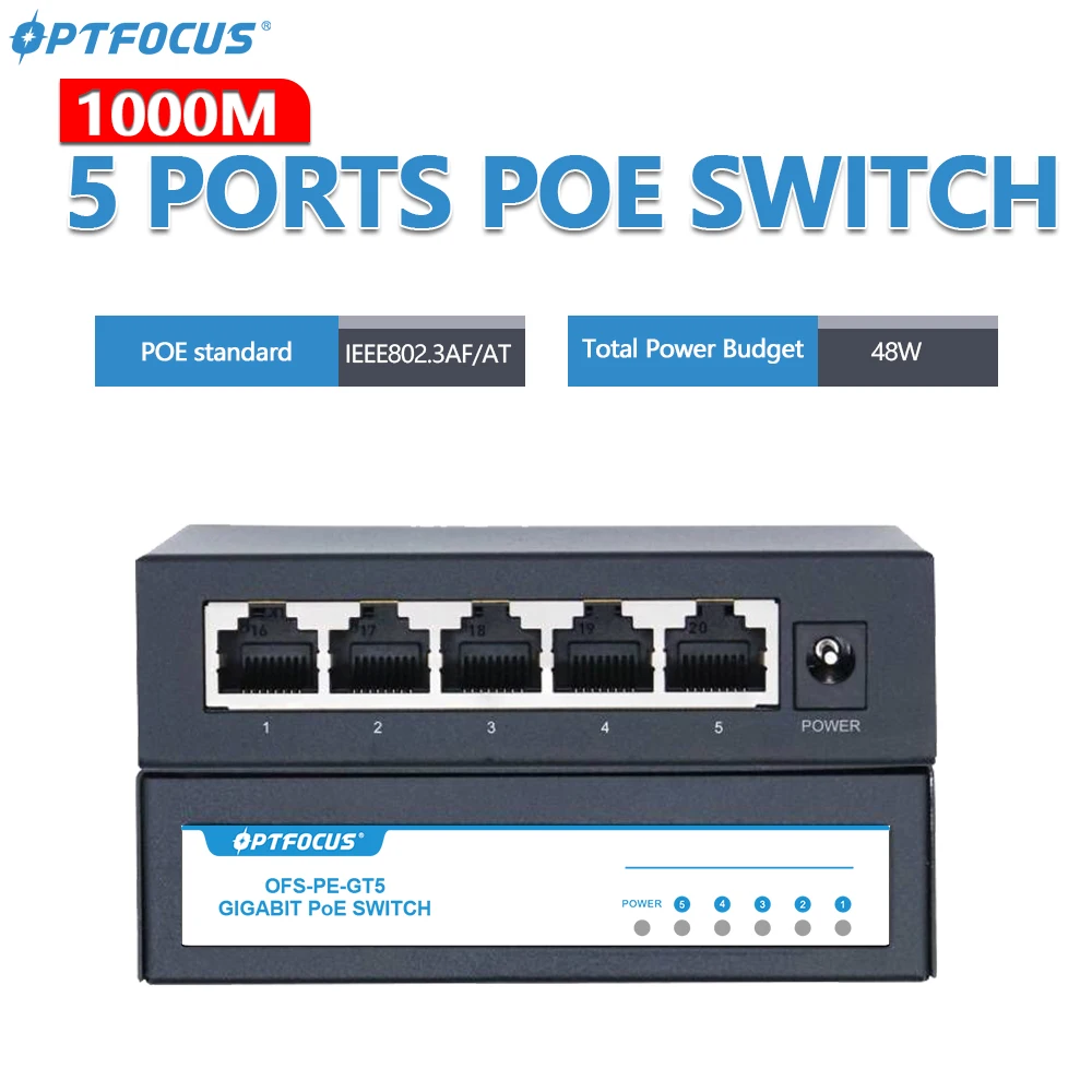 OPTFOCUS 48V POE Active Ethernet Switch 100M 1000Mbps 802.3af 802.3at ethernet hub splitter shunt power Gigabit Switch hub PoE