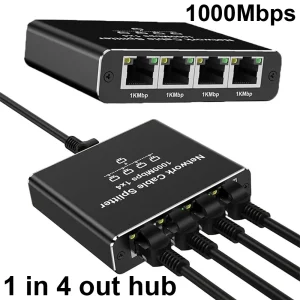 MZX 1 in 4 out 1000Mbps Gigabit Network Hub RJ45 Ethernet Splitter Connector 1000M Networking Adapter PC Computer Cat6/7/8 Cable