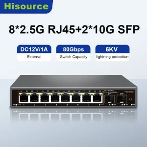 Hisource 8 Port 2.5G Ethernet Switch None POE Network Switch with 2*10G SFP Port unmanaged