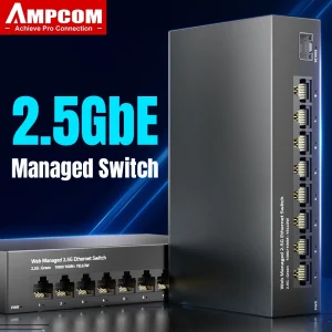 AMPCOM 2.5GbE Managed Switch EU Plug, 8 Port 2.5GBASE-T Network Switch 10G SFP+ Slot Uplink Web Management QOS VLAN LACP Fanless