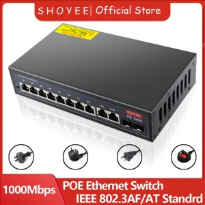 12-Port Gigabit Ethernet Switch with 8-PoE Ports and 2-RJ45 and 2-SFP Uplink Plug and Play