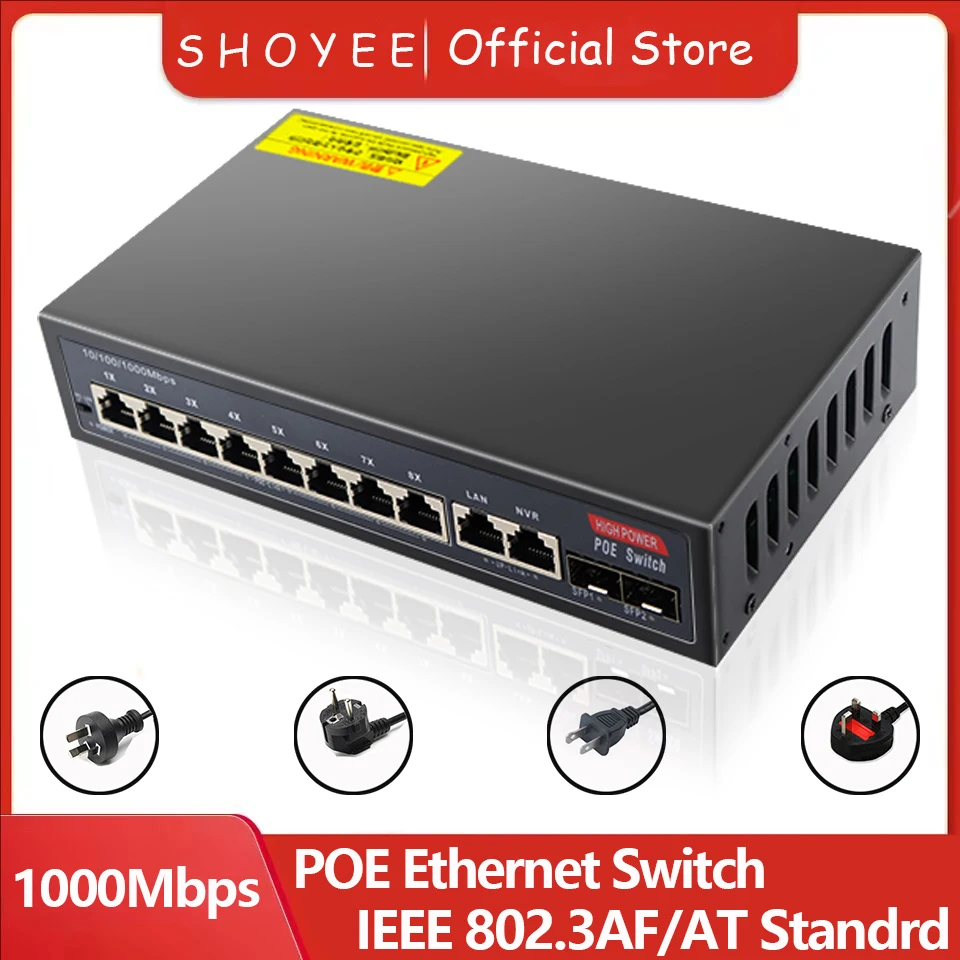 12-Port Gigabit Ethernet Switch with 8-PoE Ports and 2-RJ45 and 2-SFP Uplink Plug and Play