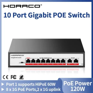 HORACO 10 Port Gigabit POE Switch 1000Mbps Active POE Network Switch 120W for IP Camera,NVR,Surveillance,CCTV,POE Camera