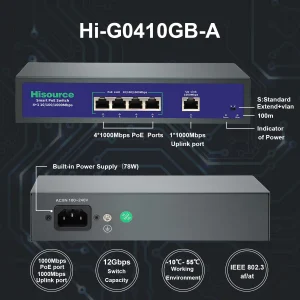 Hisource 4 Port Gigabit POE Switch Active 48V Network Switch with 1*1000Mbps Uplink Port for IPC/Wireless AP