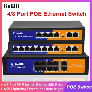 KuWFi POE Ethernet Switch 4/8 POE Port Port Extend 250 Meter Unmanaged Network Switch 2 UPLink Home Office Switch Plug and Play