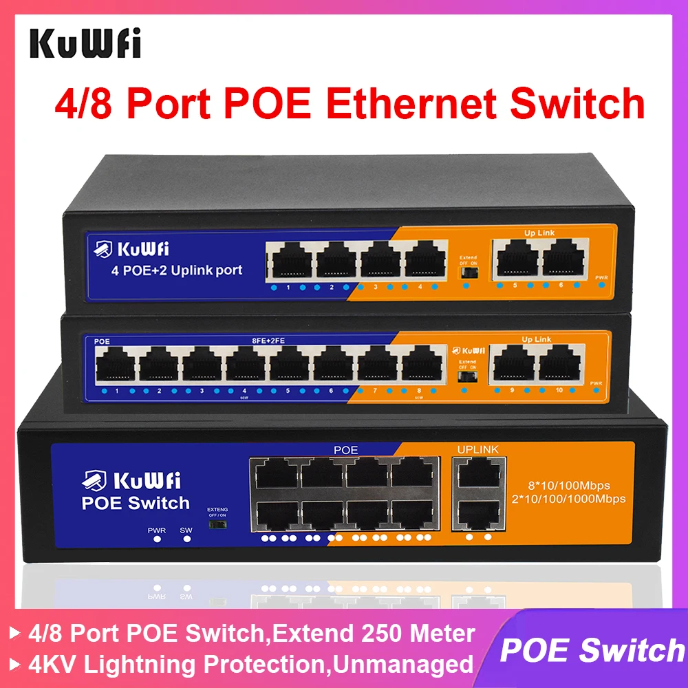 KuWFi POE Ethernet Switch 4/8 POE Port Port Extend 250 Meter Unmanaged Network Switch 2 UPLink Home Office Switch Plug and Play
