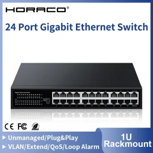 HORACO 24 Port Gigabit Ethernet Switch 1000Mbps Network Fast Smart Switcher Hub Internet Splitter with VLAN,QOS,Loop Alarm