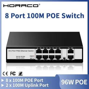 HORACO 8 Port 100M POE Switch 100Mbps Active POE Network Switch 96W for IP Camera,NVR,Surveillance,CCTV,POE Camera