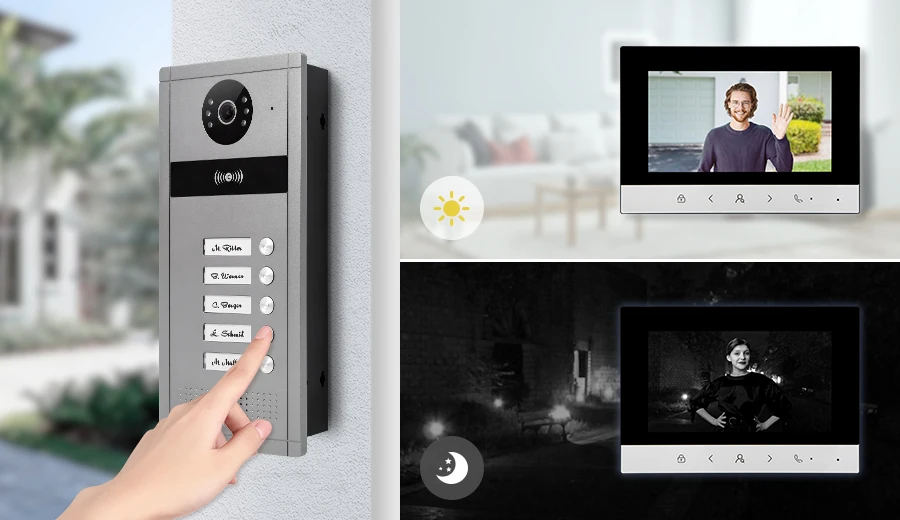 Video Doorphone Intercom System,7" Monitor, IR, Live View and Conversation,Unlock by Monitor APP/Swipe Card, (for 5-Family)