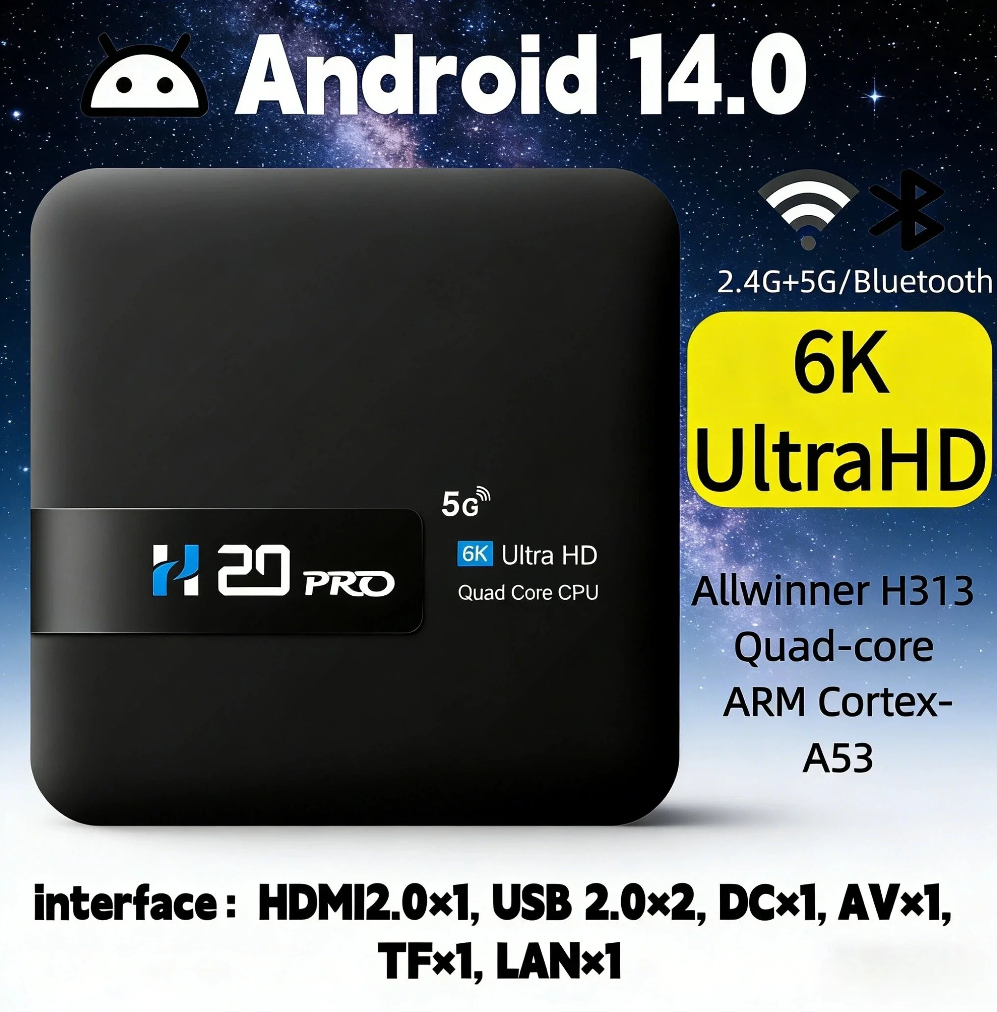 Focabo H20PRO Smart TV Box WiFi6 Android 14 6K 4K 3D Media Player TV Box 2.4G&5G WIFI Very Fast 1080P Set Top Box