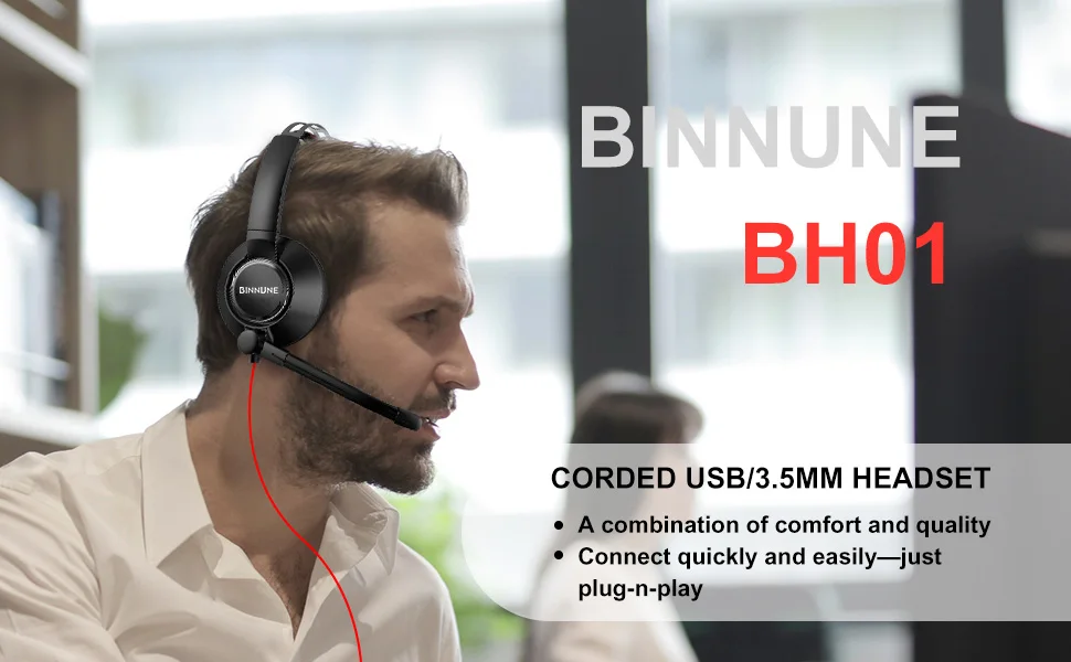 S0db8f664bba84d168c2d9955adad173fU BINNUNE Casque professionnel filaire pour PC portable ordinateur, avec micro antibruit, pour Zoom bureau conférence