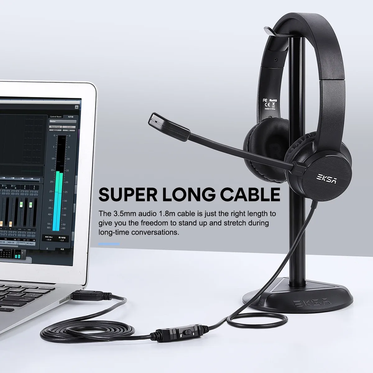 EKSA H12/H12E Casque filaire 3.5mm/USB supra-aural, micro rotatif antibruit, pour centre d'appels – Image 4