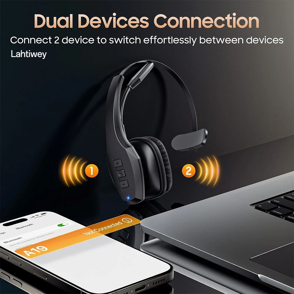 Trucker Bluetooth Headset, Wireless Headset with Mic, Bluetooth Headsets with Dual Noise Cancelling Microphone & Mute Button - Image 2