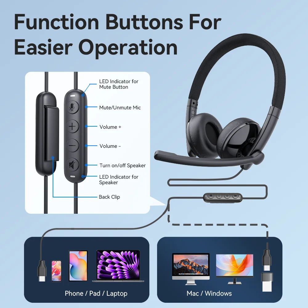 EMEET Wired Headset with Microphone Call Center USB Headphones ENC Noise Cancelling Office Cable Earphones for Phone/PC Computer - Image 4
