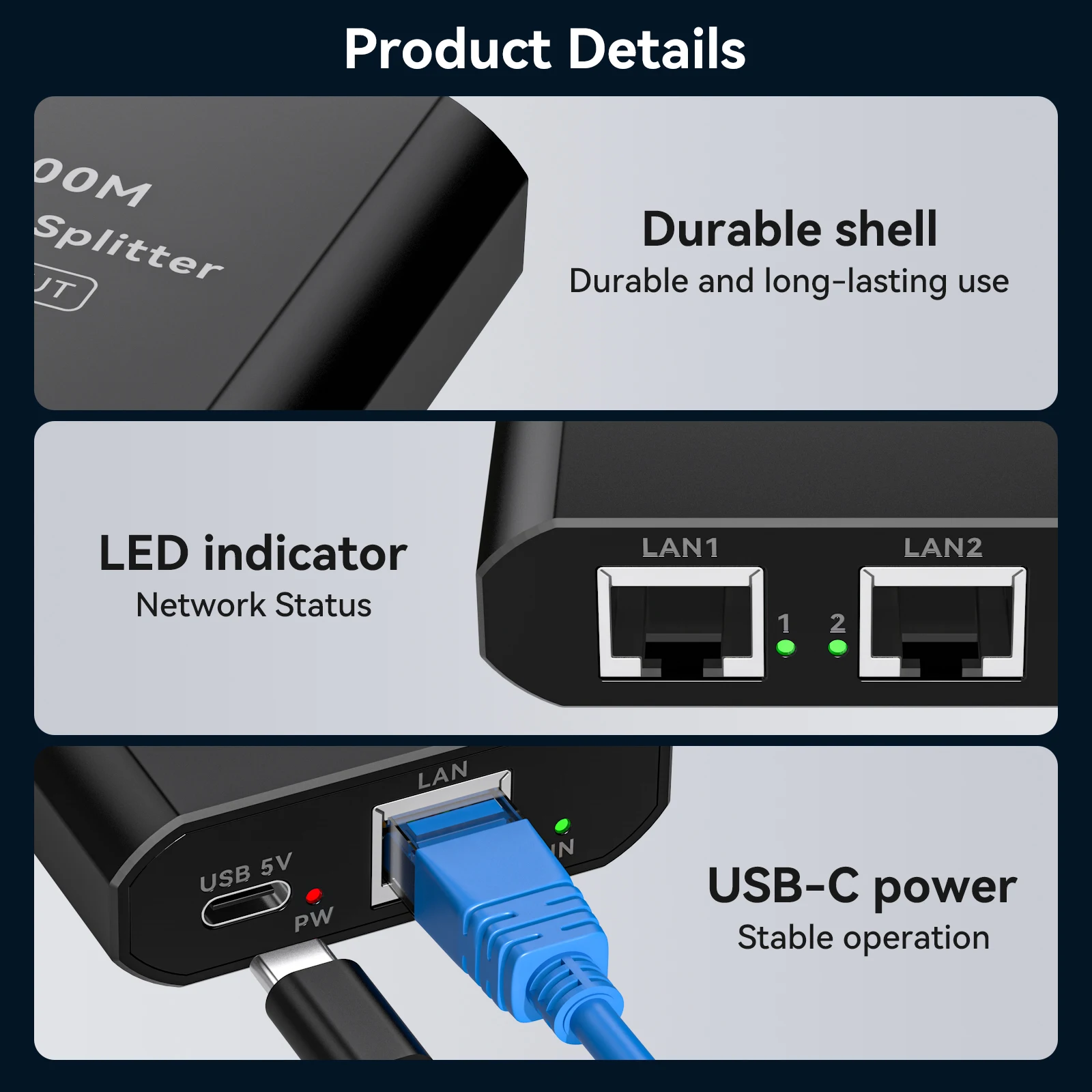 RJ45 Splitter 1 to 2 1000 Mbps Ethernet Splitter with Type-C Power Cable 1 in 2 Out Gigabit Switch Wireless Cable Switcher VPFET - Image 5