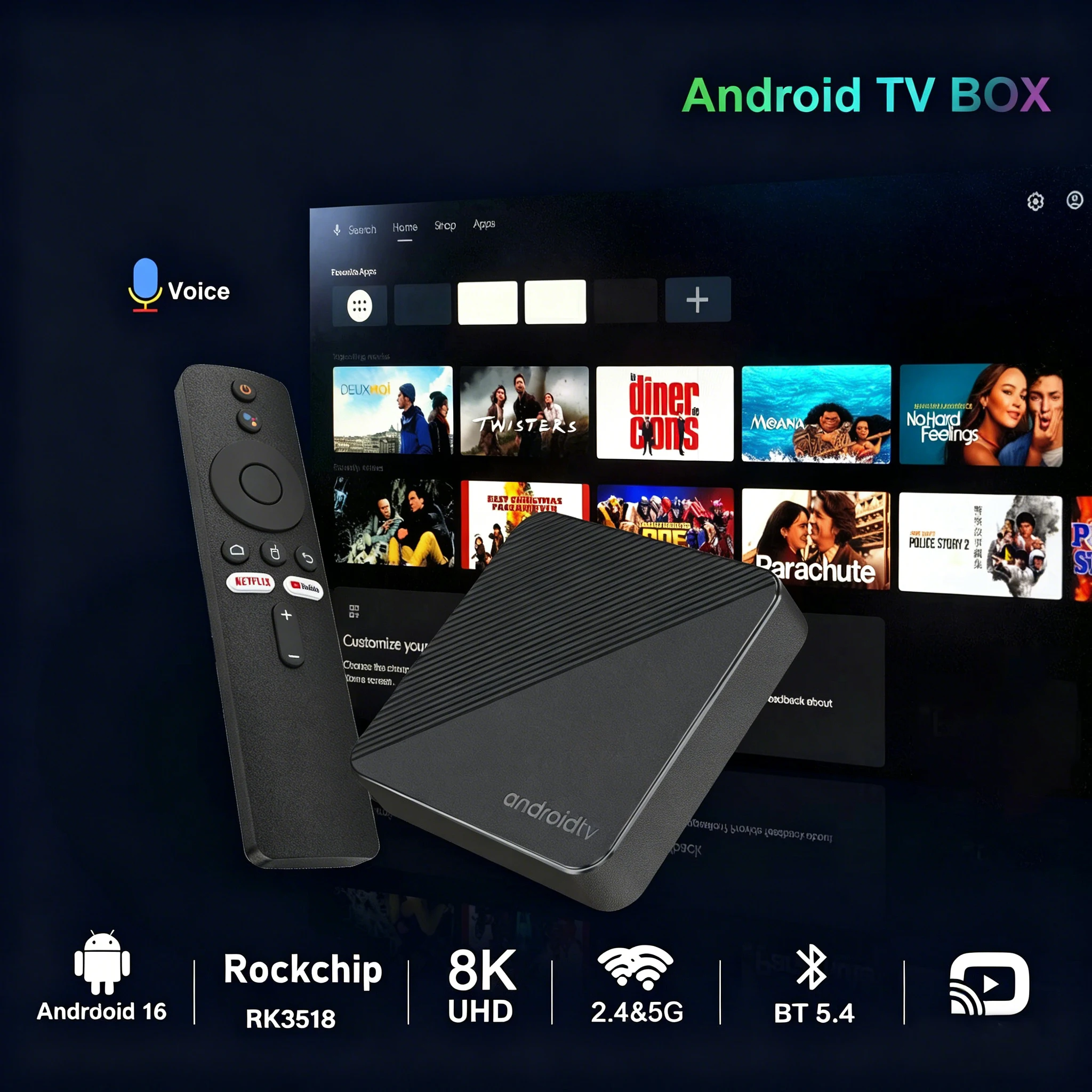 Box TV Smart Android 16 2026 T8 RK3518, WiFi6, Google Assistant, vidéo 8K, BT6.0, Netflix, 8 Go 128 Go, très rapide – Image 3