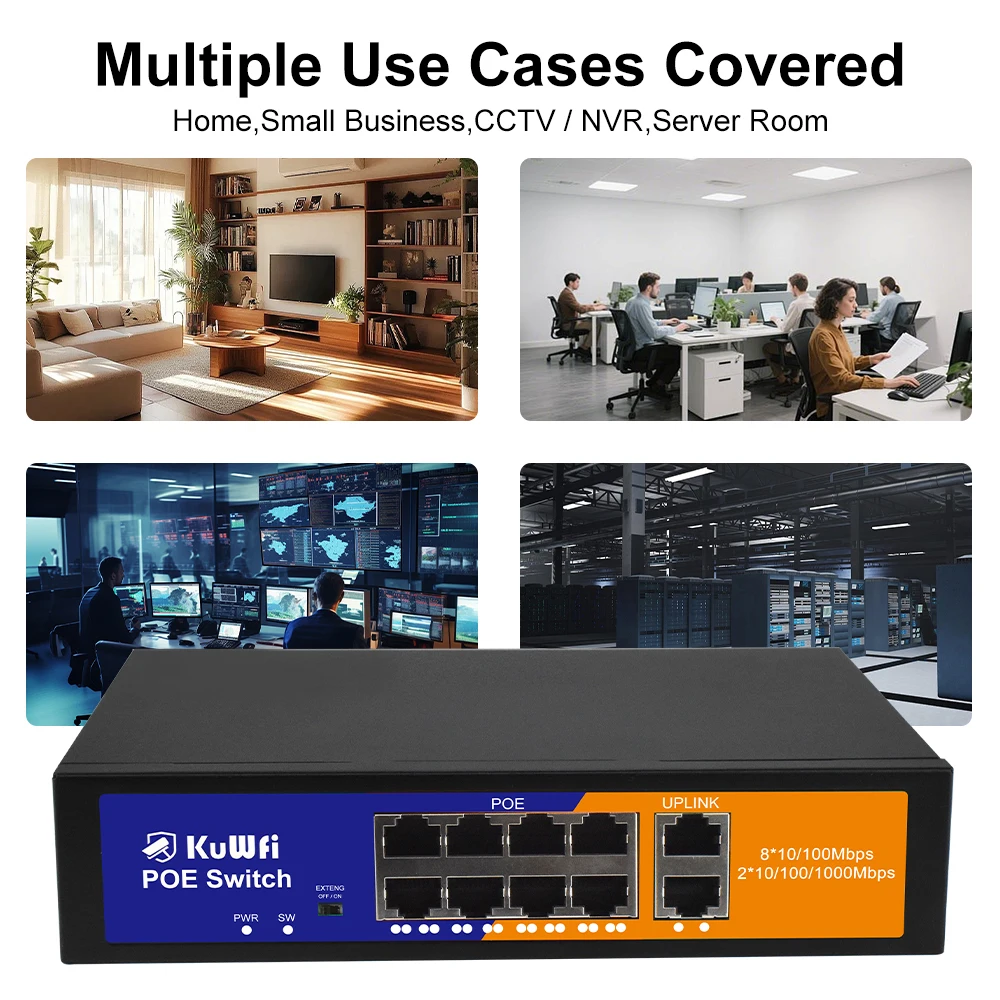 KuWFi POE Ethernet Switch 4/8 POE Port Port Extend 250 Meter Unmanaged Network Switch 2 UPLink Home Office Switch Plug and Play - Imagen 5