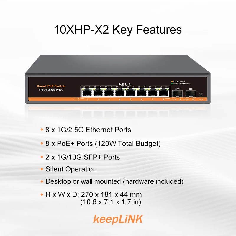 KeepLiNK 10-port Multi-gigabit unmanaged Ethernet switch with 8 x 2.5GbE IEEE 802.3af/at PoE+ Ports and 2 x 10Gb SFP+ For Uplink - Imagen 2