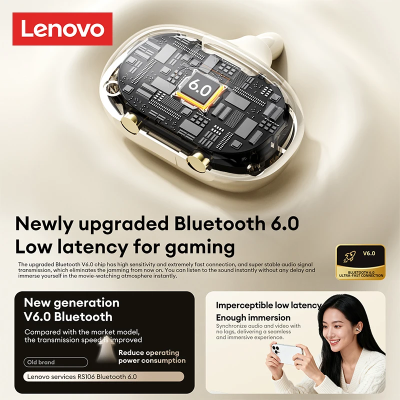 Lenovo RS106 OWS Ear Clip Bluetooth 6.0 Earphones Stereo Sound Sports Music Wireless Headphones Low Latency HD Call Earbuds New - Image 4