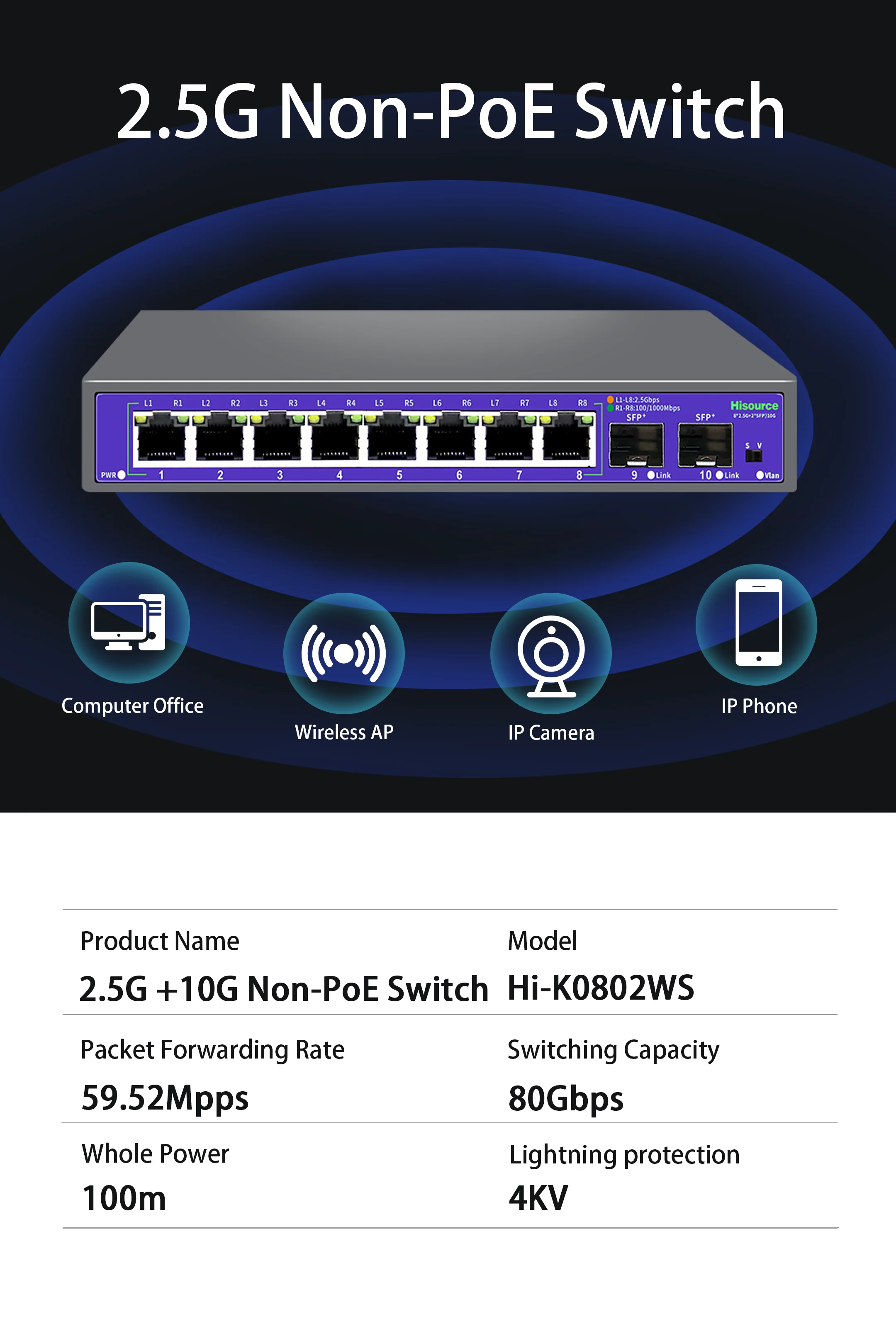 Hisource 2.5G None-POE Network Switch 8 Port Ethernet Switch with 2*10G SFP+ for IP Camera/NVR - Imagen 2