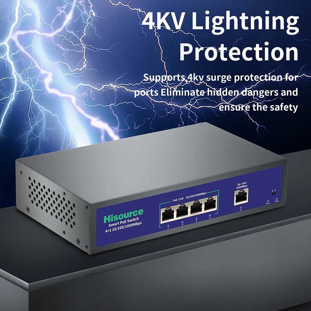Hisource 4 Port Gigabit POE Switch Active 48V Network Switch with 1*1000Mbps Uplink Port for IPC/Wireless AP - Imagen 4