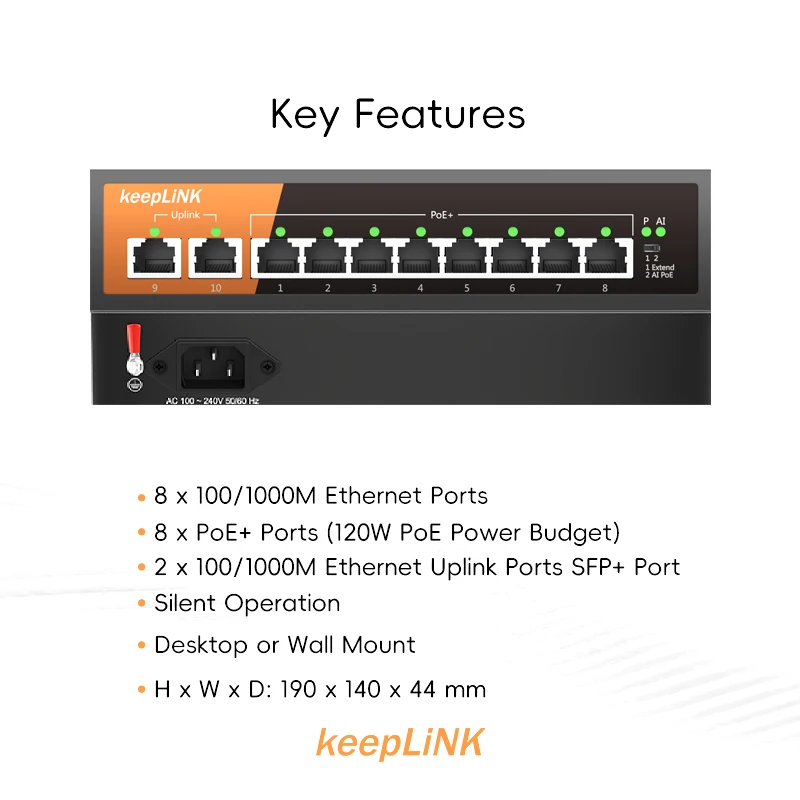 KeepLiNK 10-Port Gigabit Switch with 8-PoE and 2-RJ45 for Uplink Unmanaged Plug and Play - Image 2