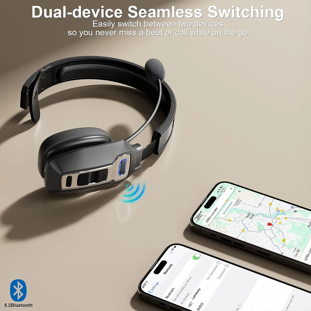 Casque Bluetooth Trucker double micro antibruit CVC8.0, bouton mute, 60 h d'autonomie, sans fil supra-aural – Image 3