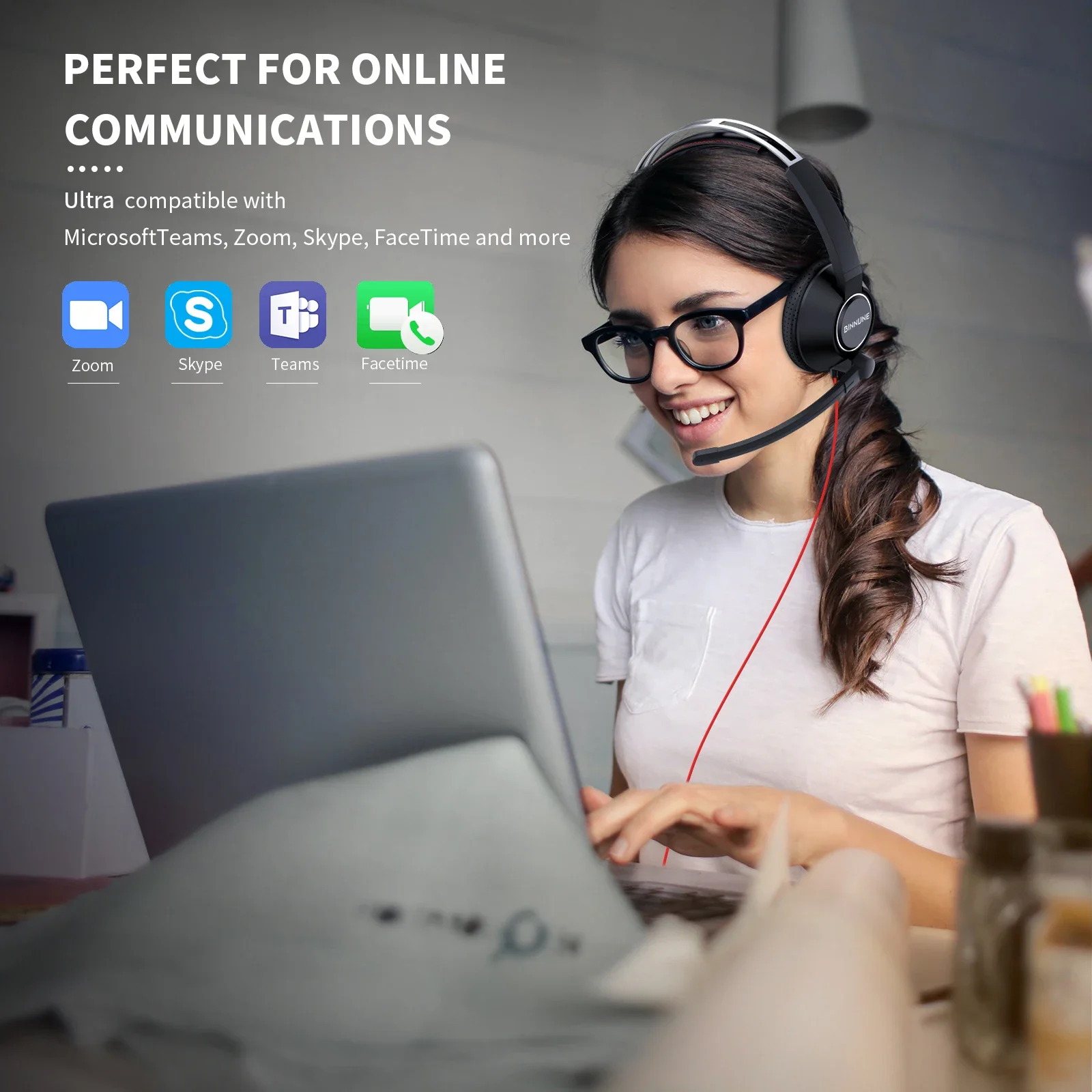 BINNUNE Casque professionnel filaire pour PC portable ordinateur, avec micro antibruit, pour Zoom bureau conférence – Image 5