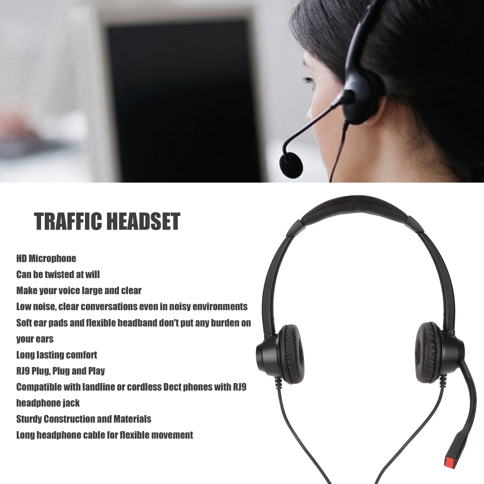 RJ9 Telephone Headset Noise Cancelling Binaural Corded Cell Phone Headphone with Mic for VOIP Phone Landline Telephone Headphone - Image 2