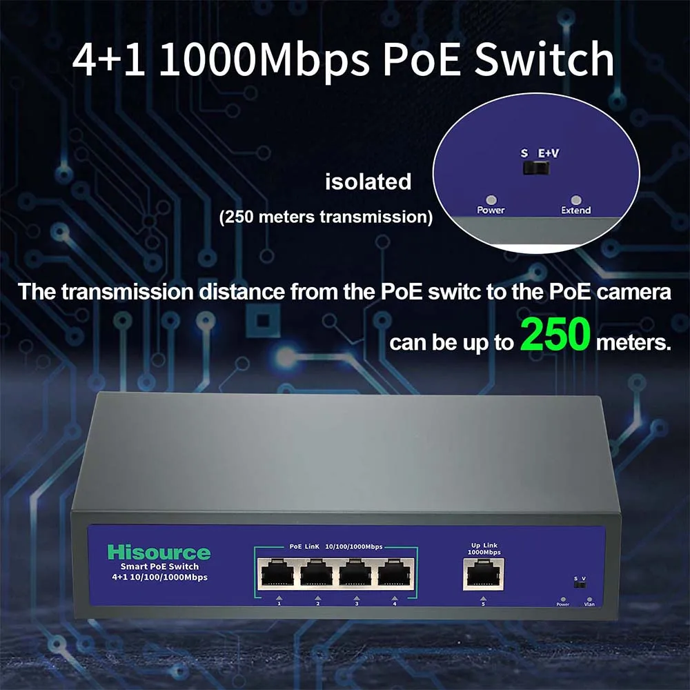 Hisource 4 Port Gigabit POE Switch Active 48V Network Switch with 1*1000Mbps Uplink Port for IPC/Wireless AP - Imagen 3
