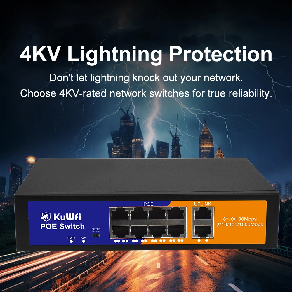 KuWFi POE Ethernet Switch 4/8 POE Port Port Extend 250 Meter Unmanaged Network Switch 2 UPLink Home Office Switch Plug and Play - Imagen 3