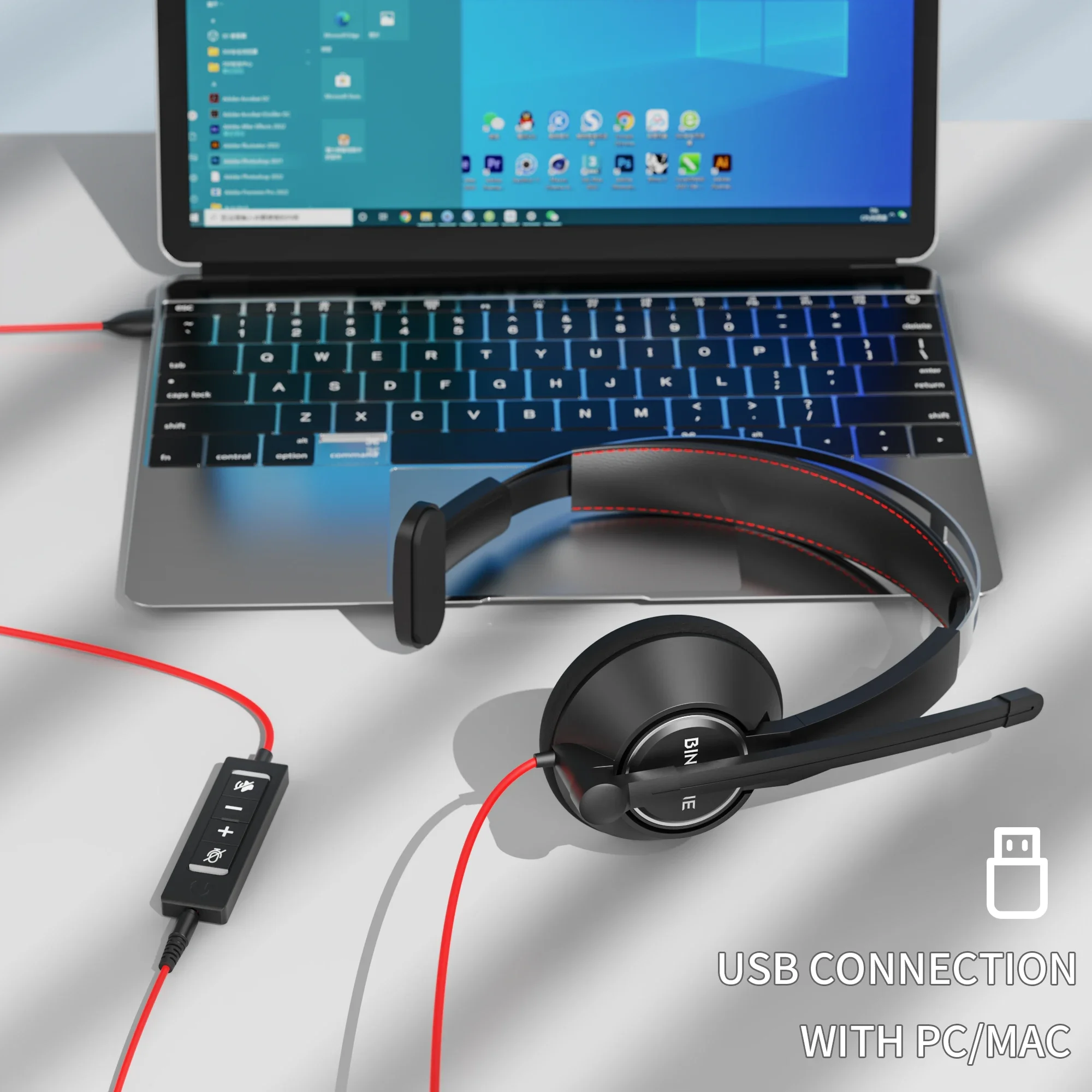 BINNUNE Casque professionnel filaire pour PC portable ordinateur, avec micro antibruit, pour Zoom bureau conférence – Image 4