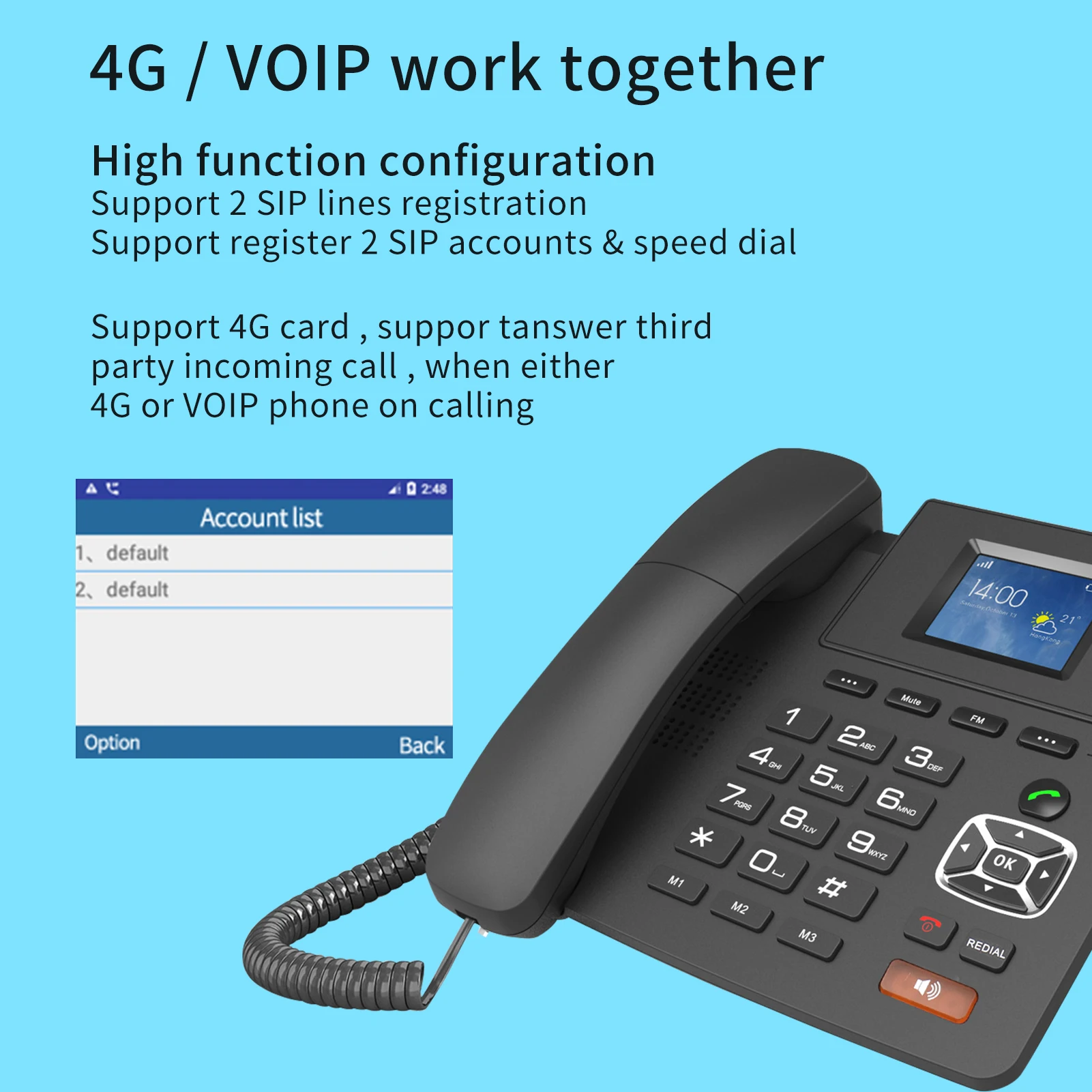 H0897469241384ccf85f524c46b19afb8g 4G Desktop Dual modes Wireless Telephone 4G VOIP Phone Support 2 SIP Accounts WIFI SIM Card wi/ Antenna LCD Screen Auto Answer