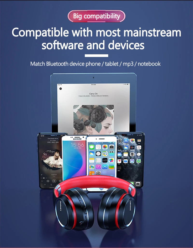 H0e73cc6825dd44f6adaa7dd5281ab7a9y Lenovo HD200 Casque Bluetooth circum-aural pliable, sans fil pour ordinateur, réduction de bruit, HIFI stéréo gaming