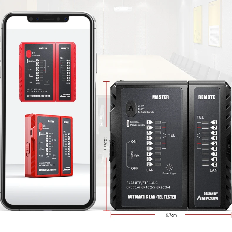 H10f0a3fbaed7496fac46ebe2715c6581B AMPCOM Tester de Cable de red rj45 RJ11 red LAN Ethernet RJ45 probador de Cable de LAN herramienta de Red red de reparación