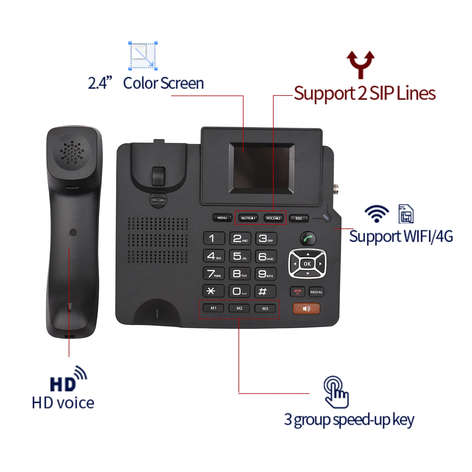 H3af7ac8bb3674ea597723f122c91ae3cP 4G Desktop Dual modes Wireless Telephone 4G VOIP Phone Support 2 SIP Accounts WIFI SIM Card wi/ Antenna LCD Screen Auto Answer