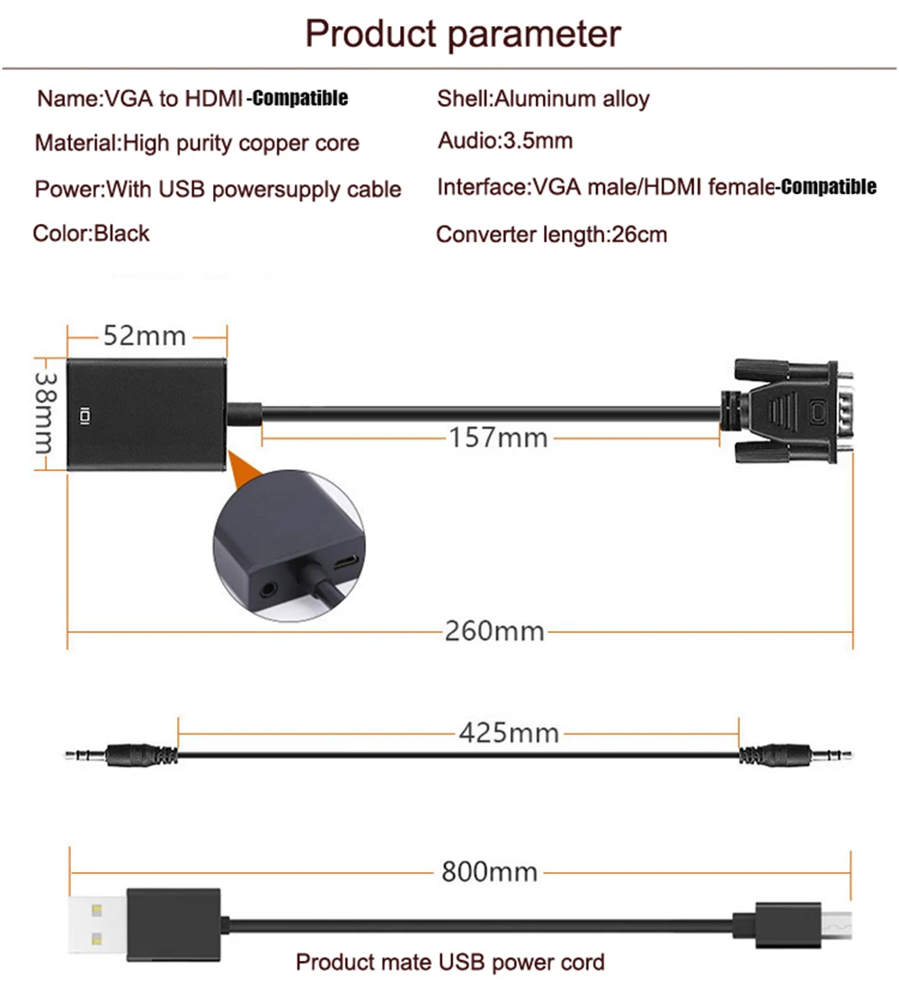 H419964f06aaf4d02b06eb64eaab0cf55A VGA To HDMI-Compatible Cable Converter for Ps4 Tv Box Aux Audio Splitter Display Port Projector Television Extender Adapter