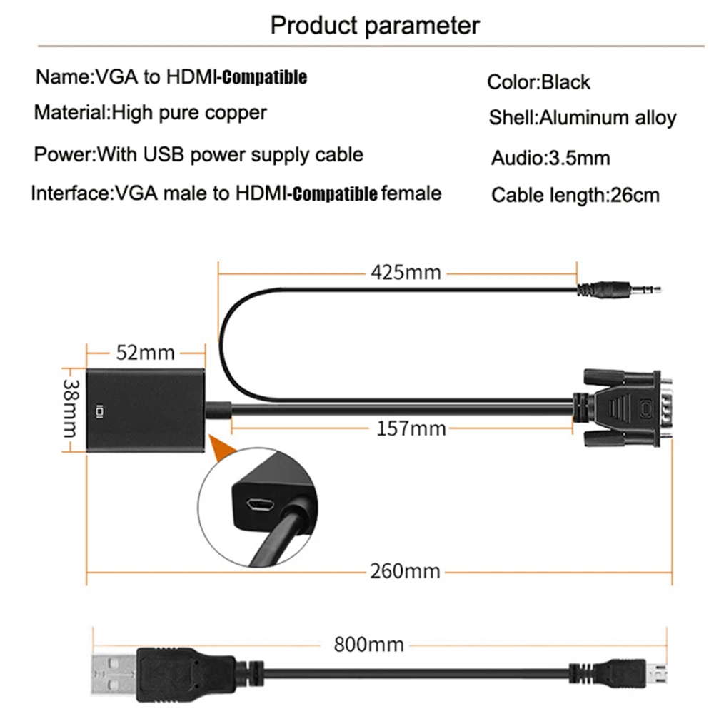 H585072b0e1f04bcfafa35781cc8499baO VGA To HDMI-Compatible Cable Converter for Ps4 Tv Box Aux Audio Splitter Display Port Projector Television Extender Adapter