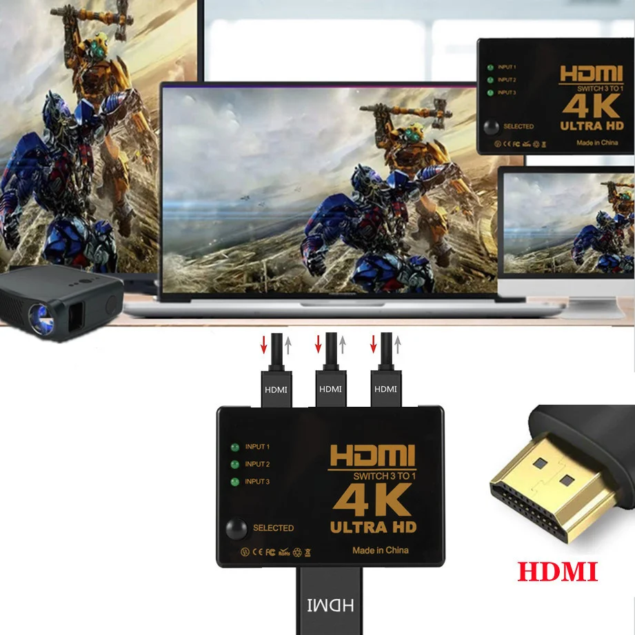 H68b942b15cbe440abca96c5cc4d3f414n 4K 2K 3x1 HDMI Cable Splitter HD 1080P Video Switcher Adapter 3 Input 1 Output Port HDMI Hub for Xbox PS4 DVD HDTV PC Laptop TV