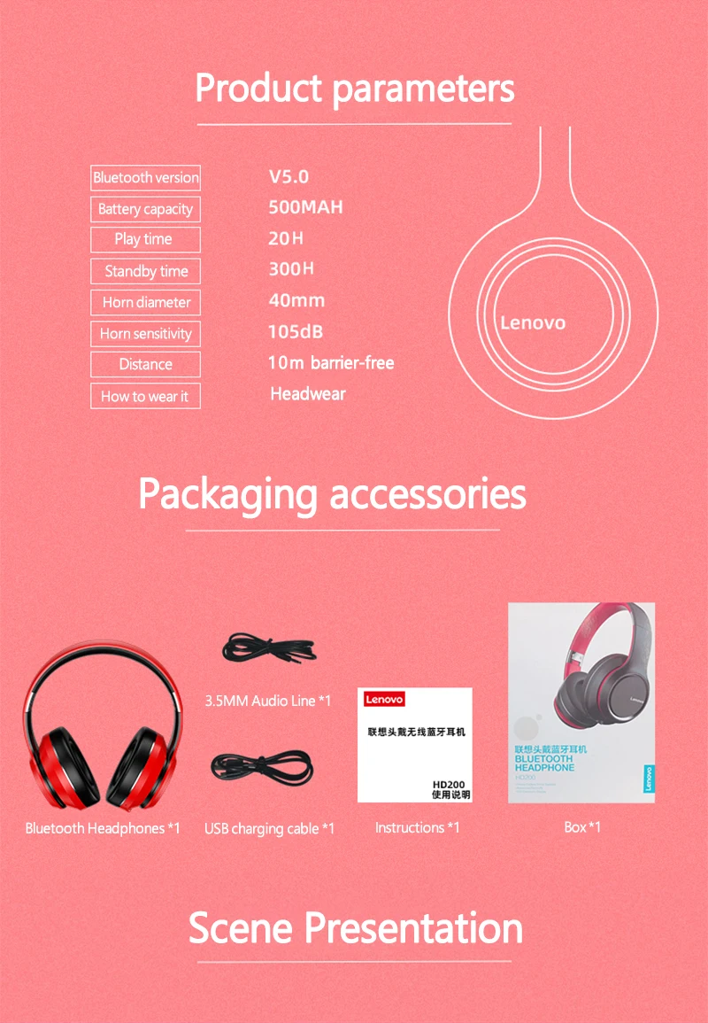 H6e9983374a474ee4b5f9226c707ce7be7 Lenovo HD200 Casque Bluetooth circum-aural pliable, sans fil pour ordinateur, réduction de bruit, HIFI stéréo gaming
