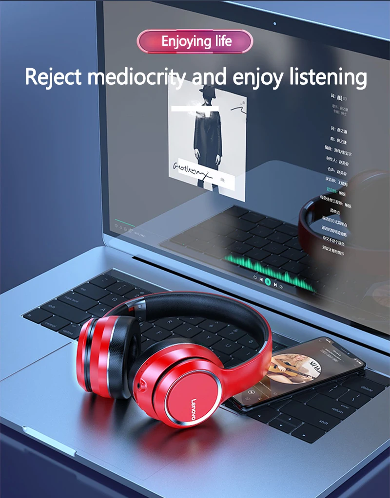 H74ea0871c4b245ce883dd108c5a4dc4aY Lenovo HD200 Casque Bluetooth circum-aural pliable, sans fil pour ordinateur, réduction de bruit, HIFI stéréo gaming