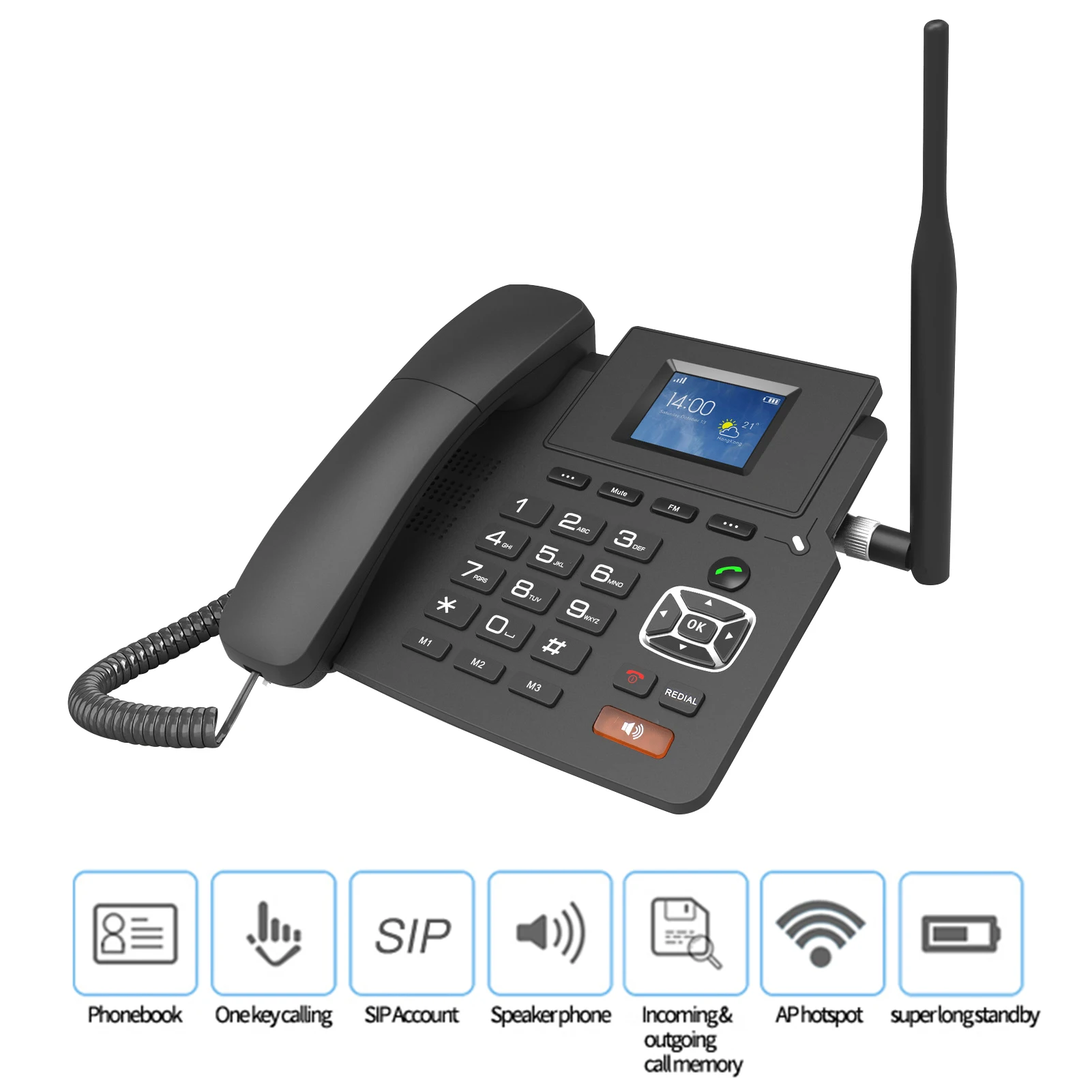 H82f61e4fc4ba4e399033468735694e68z 4G Desktop Dual modes Wireless Telephone 4G VOIP Phone Support 2 SIP Accounts WIFI SIM Card wi/ Antenna LCD Screen Auto Answer