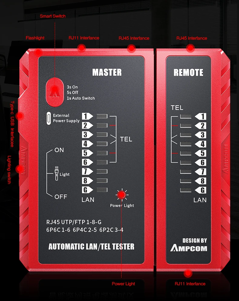 H96d7fc82c4504f3898818d1bd1134b8d2 AMPCOM Tester de Cable de red rj45 RJ11 red LAN Ethernet RJ45 probador de Cable de LAN herramienta de Red red de reparación