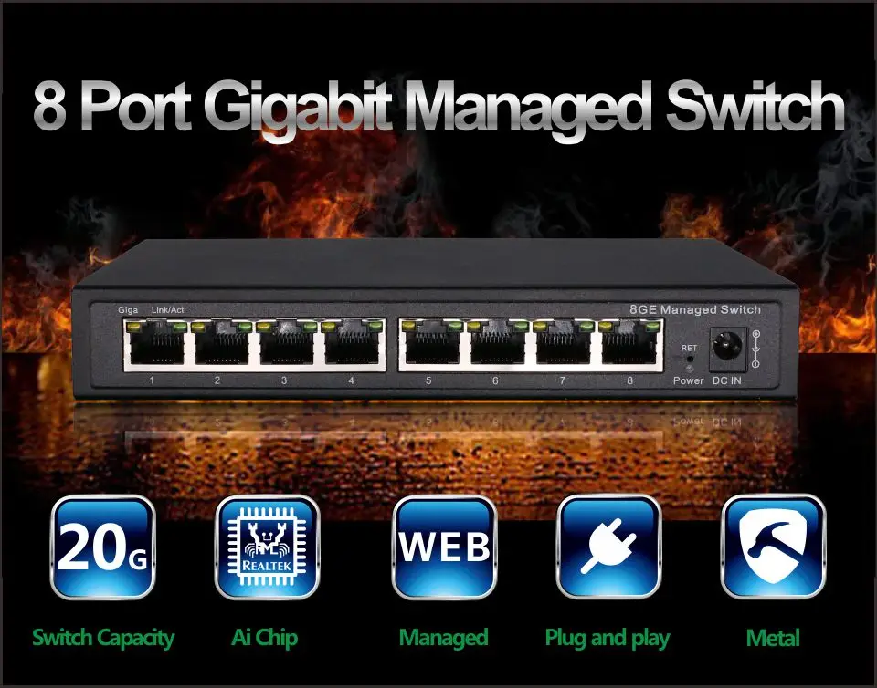 HTB1FBm2aODxK1RjSsphq6zHrpXa3 Interruptor gestionado Gigabit de 8 puertos, gestionado con conmutador Ethernet 8 puertos 10/100/1000M VLAN