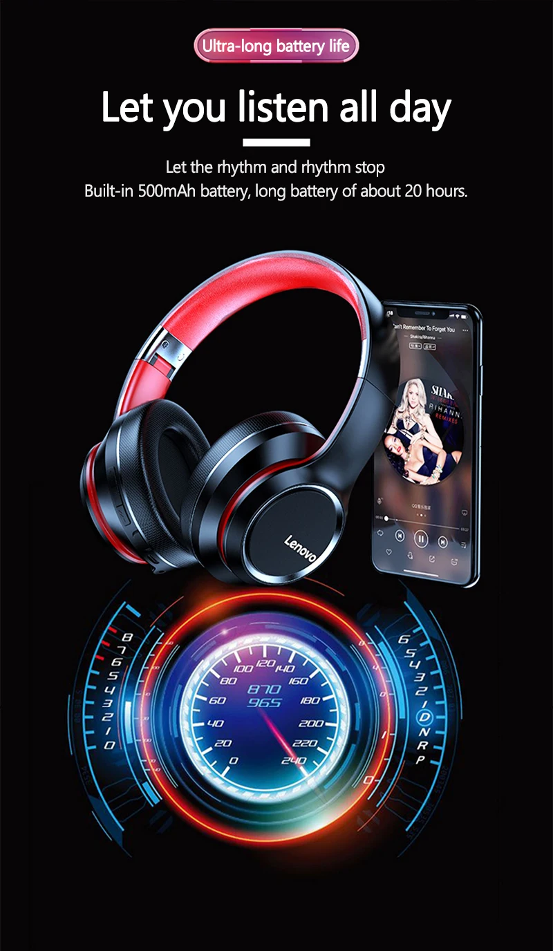 Hd37bd6f69bd64b6aad8242097e01829dc Lenovo HD200 Casque Bluetooth circum-aural pliable, sans fil pour ordinateur, réduction de bruit, HIFI stéréo gaming