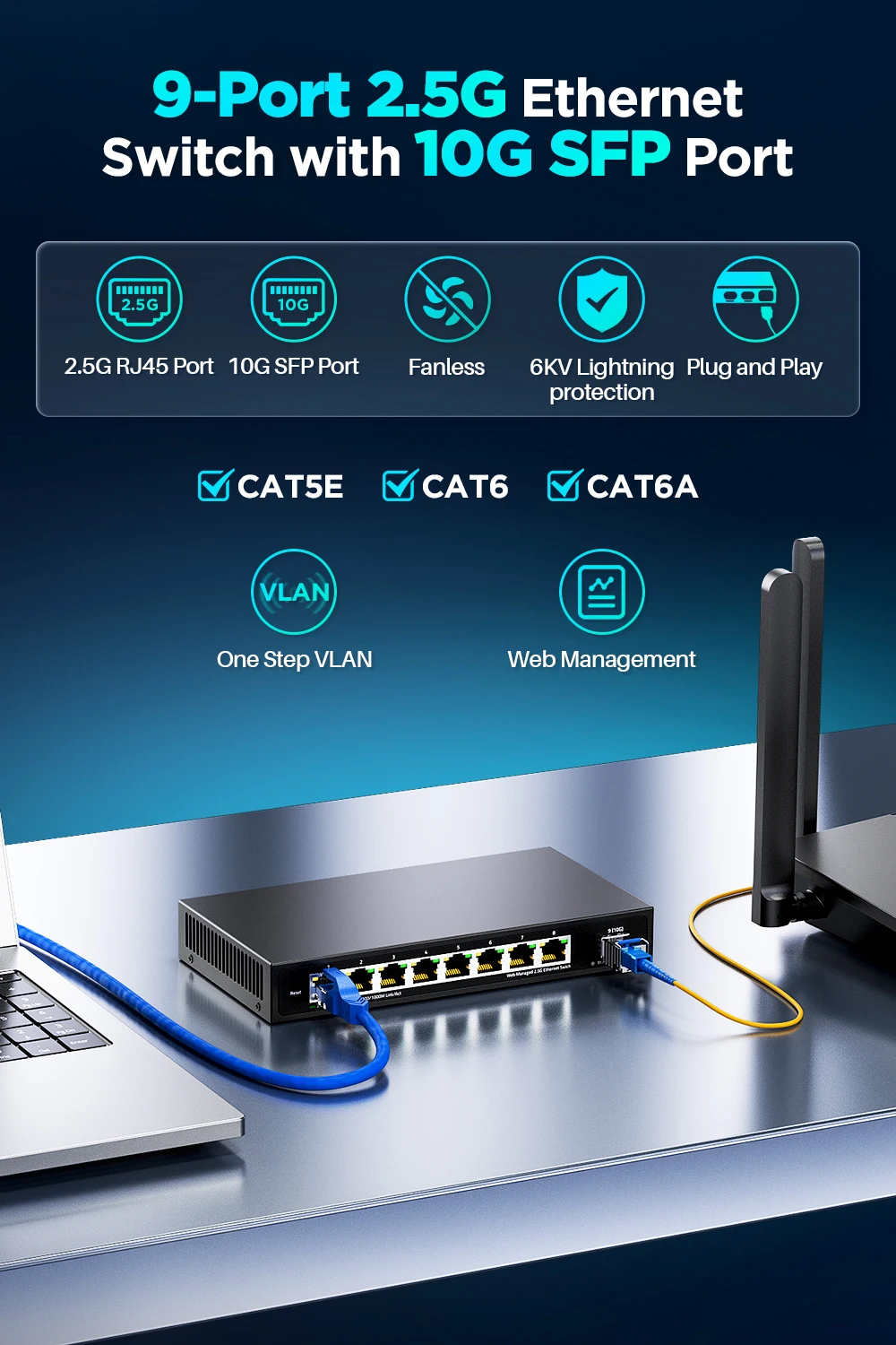 S09af4a1e9b6c4eb0934daaf63cecf4a6G AMPCOM 2.5GbE Managed Switch EU Plug, 8 Port 2.5GBASE-T Network Switch 10G SFP+ Slot Uplink Web Management QOS VLAN LACP Fanless