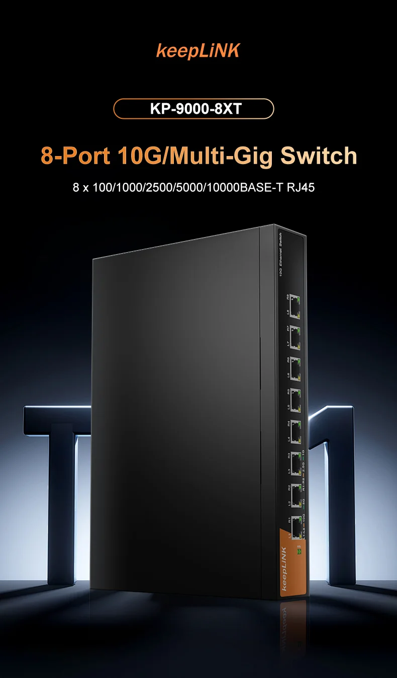 S0e118bfb32274d7ca5bd4374d61e81f1h KeepLiNK KP-9000-8XT-AC 8 Port 10G/Multi-Gig Unmanaged Ethernet Switch Desktop/Wall-Mount Plug and Play Sturdy Metal Casing