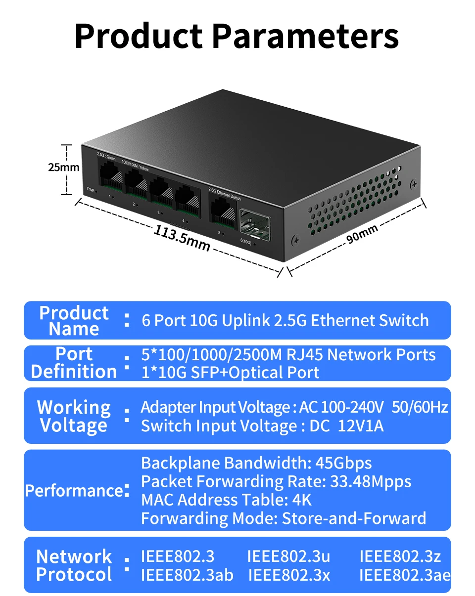 S1812e33a3f2a4890941eda6b34712582G Switch Ethernet 5 ports 2.5GbE non administrable, 2.5 Gbps, 1 port SFP+ 10 Gb, homelab, plug and play