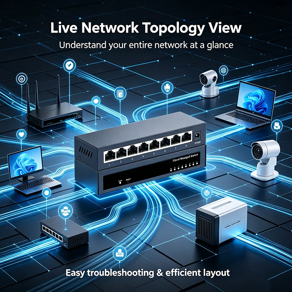 S1d9bbc71964b41beb765f39b5608b837M 8/5 Port Gigabit Web Managed Switch Metal Fanless Home Lab Network Switch Link Aggregation/VLAN/QOS/IGMP/AI Port Monitoring